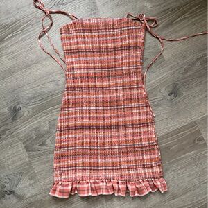 Smocked Mini Dress with Tie Straps in Peach Plaid